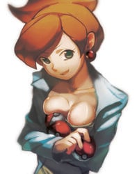 1girls aurea_juniper breasts brown_hair cleavage earrings female green_eyes highres jewelry kojijima nintendo poke_ball pokemon pokemon_bw pokemon_professor ponytail smile solo tied_hair