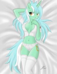 2013 anthro anthrofied bed biped breasts cleavage clothed clothing cutie_mark equid equine eyebrows eyelashes female friendship_is_magic furniture green_hair hand_behind_head hand_on_breast hasbro hi_res horn kasaler legwear lying lyra_heartstrings_(mlp) mammal midriff multicolored_hair my_little_pony mythological_creature mythological_equine mythology navel nurse nurse_clothing nurse_uniform on_back on_bed panties red_cross smile solo stockings teeth thigh_highs two_tone_hair underwear unicorn uniform white_hair yellow_eyes