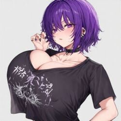 1girls ai_generated big_breasts black_clothing black_nails choker cleavage emo emo_girl female female_only huge_breasts massive_breasts nail_polish original original_character perchance_ai purple_eyes purple_hair self_upload short_hair tagme