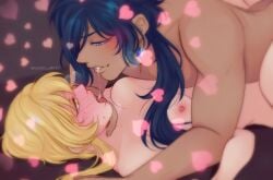blonde_female blonde_hair blue_hair couple couple_(romantic) couple_sex genshin_impact hoyoverse kaeya_(genshin_impact) lumine_(genshin_impact)