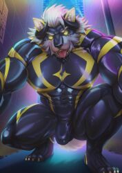 2025 2_horns abs alley anthro biceps black_body black_bodysuit black_clothing black_facial_hair black_fur black_nose black_skinsuit bodily_fluids bodysuit bulge canid canine canis city cityscape claws clothing crouching curled_horn eye_scar facial_hair facial_scar fur genital_outline glowing glowing_eyes goatee hair hi_res horn low-angle_view male mammal muscular muscular_thighs night nipple_outline open_mouth pebble pecs rexwolf_arashi saliva saliva_on_tongue scar skinsuit solo stone_wall tight_clothing toe_claws tongue tongue_out wall_(structure) white_hair wolf yellow_eyes yuuya_965
