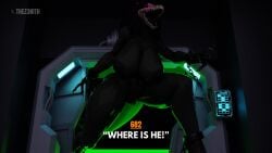 3d 3d_(artwork) dialogue genderswap_(mtf) glowing_eyes huge_breasts lizard lizard_girl lizard_humanoid monster monster_girl purple_eyes rule_63 rule_63 scp-682 scp_foundation sharp_claws sharp_fingernails sharp_teeth text text_bubble thez3nith