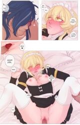 blonde_female blonde_hair blue_hair couple couple_(romantic) couple_sex genshin_impact hoyoverse kaeya_(genshin_impact) lumine_(genshin_impact)