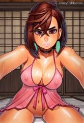 2025 ai_generated artist_name ayase_momo breasts brown_hair cleavage crazyfishbones female large_breasts looking_at_viewer nipples purple_eyes short_hair solo