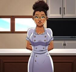 1girls ai_generated apron arcane breasts breasts brown_hair brown_skin chef_hat clothing female female female_focus female_only glasses hat kitchen kitchen_background league_of_legends looking_at_viewer short_hair sky_young solo solo_female solo_focus standing