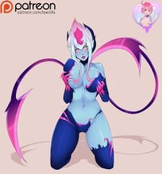 2017 big_breasts black_eyes blue_body blue_hair blue_skin blush blush breasts cleavage evelynn evelynn_(league_of_legends) female female_only glowing_eyes holding_breast law-zilla league_of_legends looking_at_viewer on_knees pink_hair pink_lips pink_lipstick playing_with_breasts riot_games short_hair thick_thighs thighs yellow_eyes