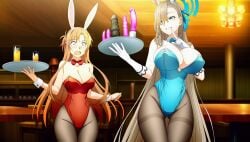 ai_art ai_generated ass_visible_through_thighs asuna_(blue_archive) asuna_(bunny)_(blue_archive) asuna_(bunny_girl)_(blue_archive) blonde_hair blue_archive blue_eyes blue_leotard blush bowtie bowtie_collar breasts brown_eyes bunny_ears bunny_girl bunnysuit chestnut_hair covered_nipples cuffs_(clothing) embarrassed huge_breasts leotard mole_on_breast open_mouth pantyhose red_leotard serving_tray sex_toy shocked sword_art_online tavern thick_thighs thigh_gap tray waifuleak white_gloves yuuki_asuna