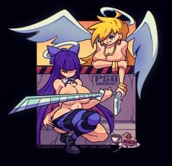 2girls angel angel_girl angel_halo angel_wings big_breasts blonde_hair blue_eyes convenient_censoring female female_focus female_only halo huge_breasts light-skinned_female light_skin long_hair panty_&_stocking_with_garterbelt panty_anarchy stocking_anarchy sword theworkdayover thick_thighs voluptuous voluptuous_female wings
