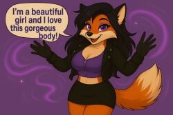 1girls after_transformation ai_generated anthro ass ass_expansion background_color_change big_breasts black_ears black_hair black_nose blouse brainwashing breast_expansion breasts chatgpt comic comic_page curvy curvy_body curvy_female curvy_figure deviantart dipstick_tail ears english_text eye_color_change eyelashes female fox fox_girl furry gender_transformation genderswap genderswap_(mtf) gloves hair_growth happy hypnosis jacket leather_jacket long_hair looking_at_viewer magic male male_to_female mtf_transformation open_eyes open_smile orange_body orange_fur outfit_change page_4 personality_change purple_background purple_eyes purple_eyeshadow purple_topwear rule_63 sekaithefox skirt tail talking_to_viewer tan_fur text_bubble thick_thighs thigh_expansion transformation two_tone_body two_tone_fur worldfan2020 zipper