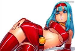 2025 ai_generated artist_name blue_eyes bra_(dragon_ball) breasts crazyfishbones female gloves large_breasts long_hair lying red_legwear solo thighhighs