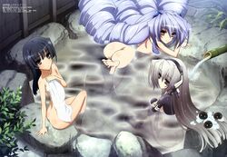 3girls aoi_kimi asama_tomo ass bath black_hair blue_eyes breasts brown_eyes female green_eyes kyoukaisenjou_no_horizon long_hair multiple_girls nate_mitotsudaira nipples nude onsen purple_hair towel