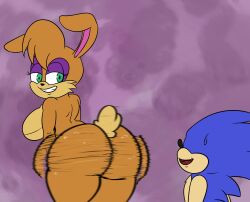 1boy 1girls animal_ears anthro archie_comics ass ass_shake ass_shaking big_ass big_butt black_nose blue_body blue_fur blue_hair blue_skin breasts brown_body bubble_ass bubble_butt bunnie_rabbot bunny bunny_ears bunny_girl commission curvy curvy_body curvy_figure dianilane duo eyelashes eyeshadow female fur furry green_eyes grinning hedgehog long_ears looking_at_another looking_back makeup male male/female mammal naked nervous_smile nude purple_background rabbit rabbit_ears rabbit_girl sega shaking_ass shaking_butt short_hair side_boob sideboob simple_background sonic_(series) sonic_satam sonic_the_hedgehog sonic_the_hedgehog_(archie) sonic_the_hedgehog_(comics) sonic_the_hedgehog_(series) spiky_hair sweatdrop tail tan_body tan_fur tan_skin tease teasing teasing_with_butt thick_legs thighhighs two-tone_body two-tone_fur