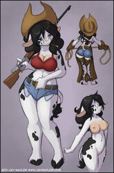 1girls 2011 anthro ass black_hair blue_eyes bovine breasts clothing cowboy_hat denim_shorts female gloves gun hair handwear hat jay_naylor lasso lumpkinville_(jay_naylor) markings nipples nude pussy ranged_weapon rifle rope rosabelle shorts solo spots tail tree weapon wood