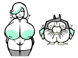 aplovestudio big_balls cum_inside dialogue female gigantic_breasts green_lipstick green_nipples huge_areolae huge_nipples hyper_breasts looking_at_viewer mating_press milf nude original_character short_hair text
