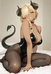 1girls 2025 ai_generated azur_lane big_breasts black_legwear black_leotard black_pantyhose blonde_hair breasts civitai cleavage dark-skinned_female dark_skin female highleg_leotard horns legwear leotard looking_at_viewer owari_(azur_lane) pantyhose sitting sitting_on_bed solo succubus succubus_tail thighs unknown_artist