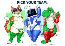 2025 3boys anthro artbyyellowdog astro_(astro_bot) astro_bot_(series) blinx blinx_the_time_sweeper blush blushing cat dinosaur feline gay gay_male latex latex_gloves latex_legwear latex_panties latex_thighhighs male male_only mario_(series) nintendo playstation robot robot_boy super_mario_bros. tagme trio trio_focus trio_male xbox yoshi
