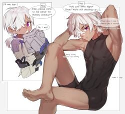 abs arlan_(honkai:_star_rail) armpits bana_gameg bare_armpits bulge bulge_through_clothing dark_skin feet gay gray_hair looking_at_viewer muscular navel nipples purple_eyes revealing_clothes revealing_outfit serious shaved_armpit singlet stripping sweat text_bubble twink visible_nipples