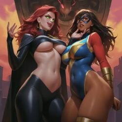 2girls big_ass big_breasts big_thighs bikini dark-skinned_female hairy_pussy heroine indian jean_grey kamala_khan marvel ms._marvel ms._marvel_(kamala_khan) muslim nerd pakistani pakistani_female panties scarf slut_collar spider_girl spider_web superhero superheroine