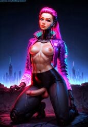 1futa abs ai_generated athletic athletic_futa balls belly_button blue_eyes boobs boots breasts cropped_jacket cybernetic_arm cybernetic_hand cybernetic_neck cybernetics cyberpunk cyberpunk_2077 dickgirl exposed_breasts exposed_penis fit fit_futa futa_focus futa_only futanari intersex jacket jacket_open kneeling large_penis leather_pants looking_at_viewer navel oc on_knees pants penis pink_hair ponytail precum precum_drip precum_on_penis precum_string redbisycle tight_pants toned_arms toned_belly toned_body toned_futa toned_legs toned_stomach veiny_penis
