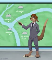 accident anthro bodily_fluids bulge clothing dishka formal_wear genital_fluids hi_res kangaroo looking_down macropod male mammal marsupial necktie nervous omorashi peeing ruby_roo solo suit sweat urine weather_map wetting
