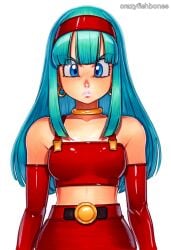 2025 ai_generated artist_name blue_eyes blue_hair bra_(dragon_ball) choker crazyfishbones elbow_gloves female gloves hairband long_hair simple_background solo
