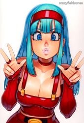 2025 ai_generated artist_name blue_eyes blue_hair bra_(dragon_ball) breasts choker cleavage crazyfishbones female large_breasts long_hair looking_at_viewer solo
