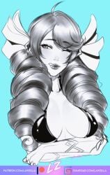 2021 arms_crossed arms_crossed_under_breasts bikini bikini_top black_bikini blue_background bow_in_hair bows_in_hair breasts bust cleavage curly_hair female female_only gwen_(league_of_legends) law-zilla league_of_legends light_blue_background long_hair one_eye_closed riot_games sketch sticking_out_tongue sticking_tongue_out tongue tongue_out winking