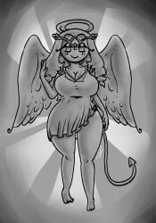 angel_wings big_breasts breasts cleavage clothed clothing cookie_run cookie_run_kingdom devil_tail eternal_sugar_cookie grayscale halo huge_breasts huge_thighs massive_breasts simple_background thick_thighs thighs