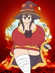 bouncing_breasts breast_expansion chomusuke gigantic_breasts huge_breasts kingmelon megumin nipple_bulge slosh sloshing_breasts thick_thighs wobble wobbling_breasts