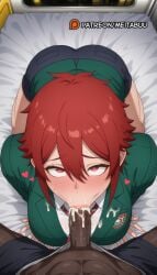 1boy :>= abs ai_generated aizawa_tomo all_fours ass assisted_exposure bed black_shorts blazer blush breasts censored clothed_sex collared_shirt cum cum_in_mouth cum_on_body cum_on_clothes cum_overflow dark-skinned_male dark_skin erection facial fellatio female green_jacket hair_between_eyes heart heart-shaped_pupils interracial jacket kneeling large_breasts large_penis looking_at_viewer looking_up male_underwear meitabuu mosaic_censoring necktie on_bed oral penis pov pov_crotch red_eyes red_hair school_uniform shirt short_hair short_shorts shorts solo_focus straight sweat tomboy tomo-chan_wa_onna_no_ko uncensored very_dark_skin white_shirt
