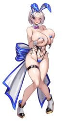 animal_ear_hairband animal_ears areola_slip back_bow bare_arms bare_legs bare_shoulders black_shoes blue_bow blue_pasties bow bowtie breasts cleavage clothing_cutout collar collarbone covering_breasts covering_privates crotch_zipper detached_collar embarrassed fake_animal_ears female full_body grey_hair hairband hands_up heart_maebari heart_pasties highres huge_breasts kirome_(kamipaper) large_bow last_origin leotard looking_at_viewer maebari meme_attire multicolored_shoes muse_(last_origin) navel navel_cutout official_alternate_costume official_alternate_hairstyle open_mouth parted_bangs pasties playboy_bunny purple_bow purple_bowtie purple_eyes rabbit_ear_hairband rabbit_ears shiny_skin shoes short_hair simple_background skindentation solo standing thigh_strap thighs traditional_bowtie translucent_bunnysuit two-tone_bow two-tone_shoes white_background white_bow white_collar white_shoes white_wrist_cuffs wrist_cuffs