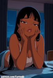 1girls ai_generated bedroom black_hair brown_eyes chel dark-skinned_female dreamworks female human looking_at_viewer sex t-shirt the_road_to_el_dorado