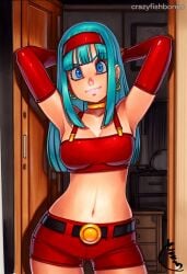 2025 ai_generated armpits artist_name blue_hair bra_(dragon_ball) breasts crazyfishbones elbow_gloves female gloves long_hair midriff navel solo
