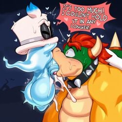 absurd_res ai_generated anthro balls blue_penis blush bodily_fluids bowser cappy_(mario) clothing collar collar_only cum cum_in_mouth cum_inside deep_throat dialogue duo english_text erection fellatio genital_fluids genitals ghost hair hat headgear headwear heart hellsonger hi_res horn humanoid_genitalia humanoid_penis jewelry kissing koopa male male/male male_penetrated mario_bros nintendo oral oral_penetration penetration penile penis red_eyes red_hair saliva scalie sex shell speech_bubble spiked_armband spiked_bracelet spiked_collar spiked_shell spikes spirit sweat text tongue tongue_out