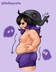 1boy artist_name balls bulge chubby chubby_femboy chubby_male fat fat_ass femboy femboy_focus femboy_only hairy koiboynsfw long_hair male male_boobs male_breasts male_focus male_only male_tits navel nipples ollie_(koiboynsfw) penis shorts side_view sideboob testicles very_long_hair