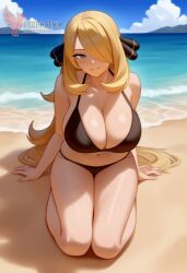 1girls 2d ai_generated ass barefeet beach big_ass big_breasts bikini blonde_hair breasts cynthia_(pokemon) erophoenix feet female female_focus full_body long_hair looking_at_viewer looking_back milf nintendo nude older_woman pale_skinned_female patreon_username pokemon pokemon_dppt smile soles solo solo_female sweat swimsuit thick thick_thighs toes uncensored voluptuous