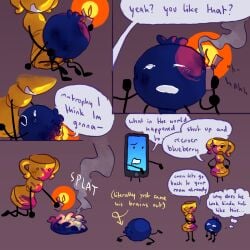 2boys 2d 2d_(artwork) blueberry_(ii) comic dialogue explosion fire hi_res highres inanimate_insanity lighter masochism mephone4 object_show object_show_community object_shows page_2 sadism simple_background starflakes trophy_(ii) yaoi