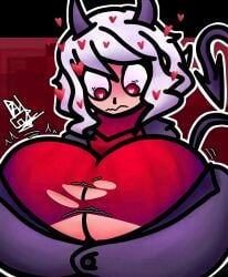 big_breasts breasts_bigger_than_head clothed demon_girl demon_tail heart-shaped_pupils heart_symbol helltaker horns modeus_(helltaker) red_eyes ripped_clothing tagme tearing_clothes white_hair