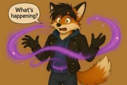 1boy ai_generated anthro before_transformation black_hair black_nose black_tipped_ears blue_hoodie brown_eyes confused confused_expression dipstick_tail ears fox furry gloves hoodie jacket leather_jacket magic male open_mouth orange_body orange_fur page_1 pants sekaithefox shocked_expression short_hair surprised_expression tail talking_to_self tan_fur text_bubble transformation two_tone_body two_tone_fur worldfan2020 yellow_background