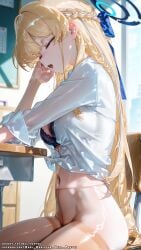 ai_female ai_generated asuma_toki blonde_hair blue_archive blue_eyes bra breasts color colored female hell-pantsu hi_res medium_breasts perfect_body toki_(blue_archive)