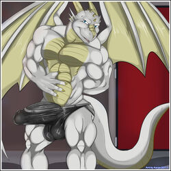 1boy 2011 aaron_(artist) balls big_balls big_penis black_penis bulge dragon dragon-star erection jockstrap looking_at_viewer male male_only muscles penis pose scalie solo tail underwear wings