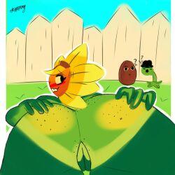 1girl ass blush female freckles freckles_on_ass humanoid large_ass looking_back plant plants pussy pvz pvz_heroes sunflower_(pvz) thick_thighs uncensored