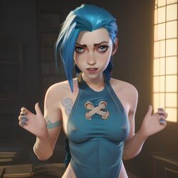 ai_generated arcane arcane:_league_of_legends arcane_jinx beachwear bedroom female female_only hands_up indoors jinx_(arcane) jinx_(league_of_legends) league_of_legends leotard looking_at_viewer nipples nipples_visible_through_clothing tagme