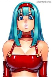 2025 ai_generated artist_name blue_eyes blue_hair bra_(dragon_ball) breasts choker cleavage crazyfishbones elbow_gloves female gloves long_hair solo