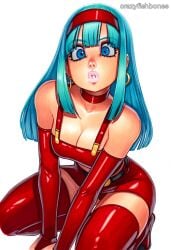 2025 ai_generated artist_name blue_eyes blue_hair bra_(dragon_ball) breasts cleavage crazyfishbones female gloves long_hair red_legwear solo thighhighs