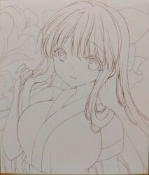 1girls ainu_clothes big_breasts breasts bunching_hair busty female female_only hair_ribbon hi_res king_of_fighters large_breasts long_hair looking_at_viewer monochrome nakoruru pose posing ribbon samurai_shodown smile snk solo the_king_of_fighters traditional_media voluptuous