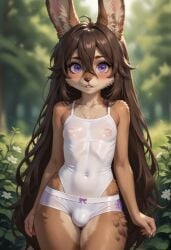 ai_generated blush brown_fur brown_hair bunny_ears femboy fur furry hair_between_eyes long_hair male nipples_visible_through_clothing outdoors purple_eyes see-through_clothing small_bulge solo standing surprised white_underwear