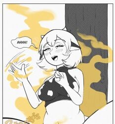 1girls arejay cow_ears cow_girl cow_horns cow_print cow_print_bikini cowgirl enjoying_farting fanning_self fart fart_cloud fart_fetish farting farts looking_pleasured smell smelly