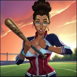 1girls ai_generated arcane baseball_(sport) baseball_bat baseball_field baseball_uniform big_breasts big_breasts breasts breasts brown_hair brown_skin cleavage female female female_focus female_only glasses large_boobs large_breasts league_of_legends looking_at_viewer outdoors outside short_hair sky_young smile solo solo_female solo_focus