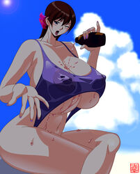 1girls ass blue_background blue_eyes blush breasts brown_hair character_request cleavage copyright_request erect_nipples flower flower_in_hair hair huge_breasts jyubei long_hair looking_at_viewer nipples nipples_visible_through_clothing oil open_mouth outdoors pink_lipstick purple_nails solo swimsuit white_skin wink